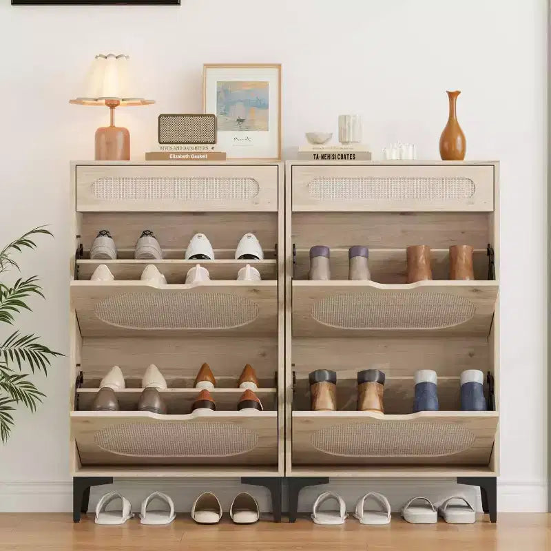 Meuble à chaussures,Rangement à chaussures en rotin avec 2 tiroirs basculants et un tiroir coulissant,Pieds en métal robustes,Étagère réglable,Organisateur et rangement de chaussures d'entrée