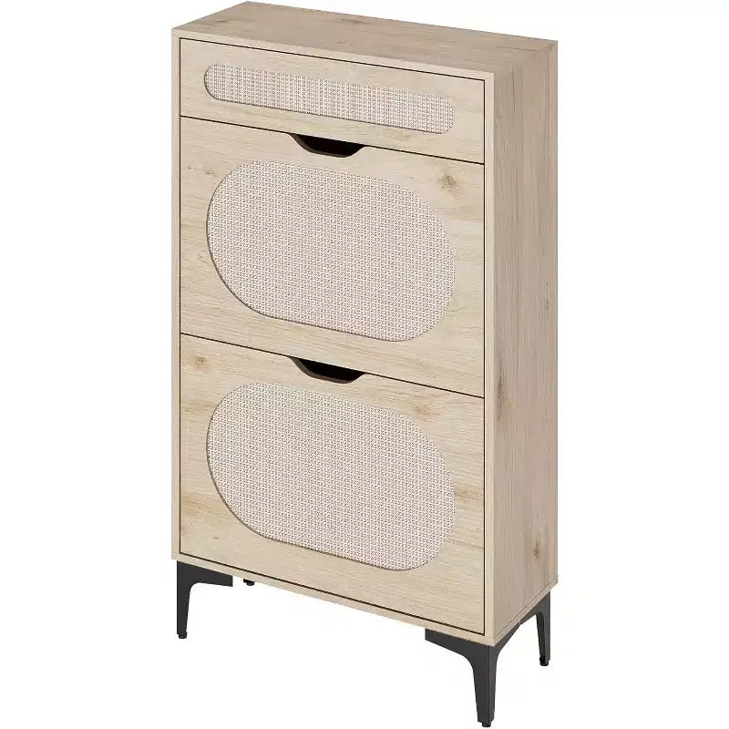 Meuble à chaussures,Rangement à chaussures en rotin avec 2 tiroirs basculants et un tiroir coulissant,Pieds en métal robustes,Étagère réglable,Organisateur et rangement de chaussures d'entrée