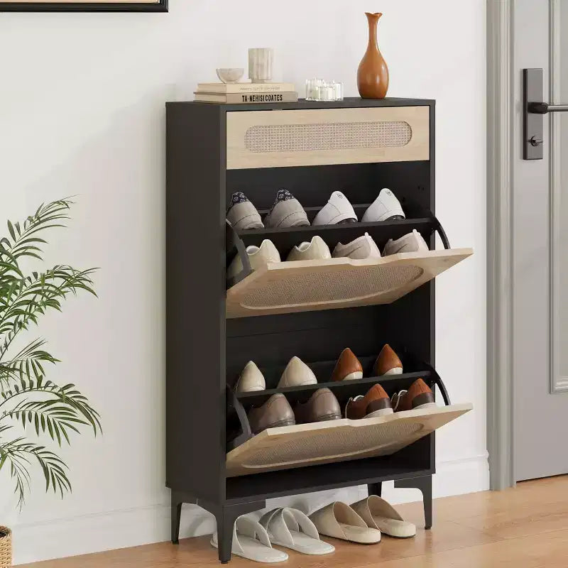 Meuble à chaussures,Rangement à chaussures en rotin avec 2 tiroirs basculants et un tiroir coulissant,Pieds en métal robustes,Étagère réglable,Organisateur et rangement de chaussures d'entrée
