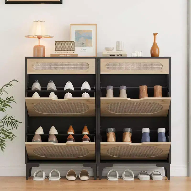 Meuble à chaussures,Rangement à chaussures en rotin avec 2 tiroirs basculants et un tiroir coulissant,Pieds en métal robustes,Étagère réglable,Organisateur et rangement de chaussures d'entrée