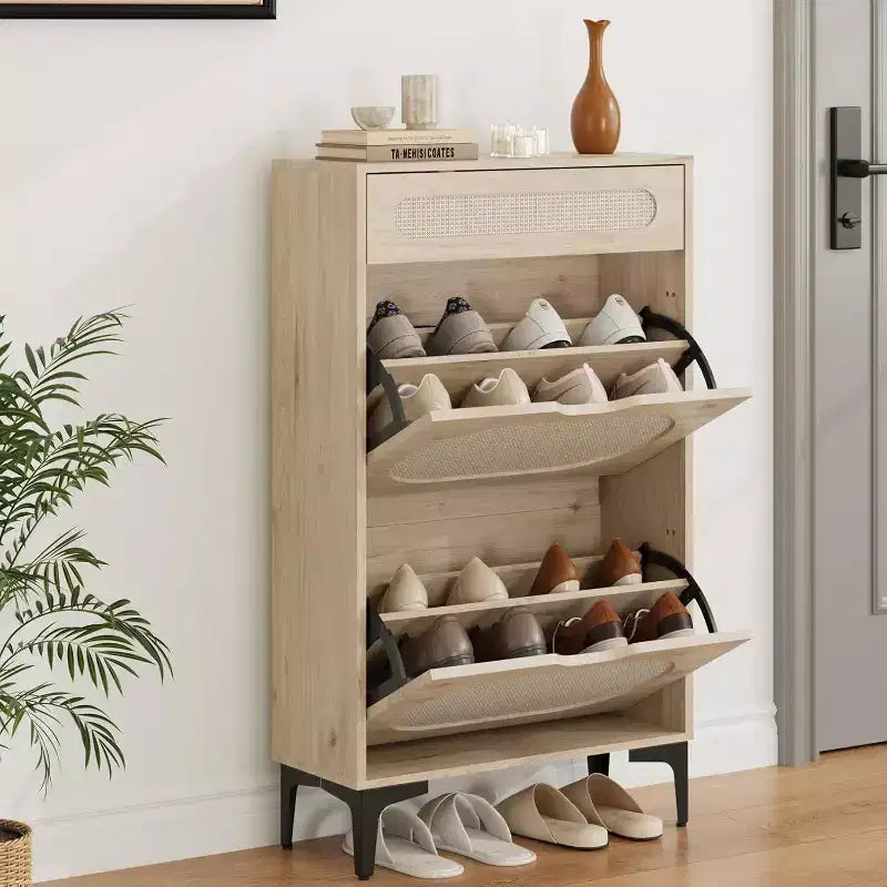 Meuble à chaussures,Rangement à chaussures en rotin avec 2 tiroirs basculants et un tiroir coulissant,Pieds en métal robustes,Étagère réglable,Organisateur et rangement de chaussures d'entrée
