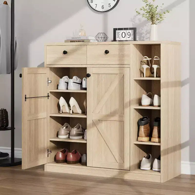 Meuble à chaussures avec portes et tiroirs, meuble de rangement pour chaussures de 106,7 cm de haut avec étagères réglables et dispositif anti-basculement, organisateur de chaussures moderne pour entrée, couloir