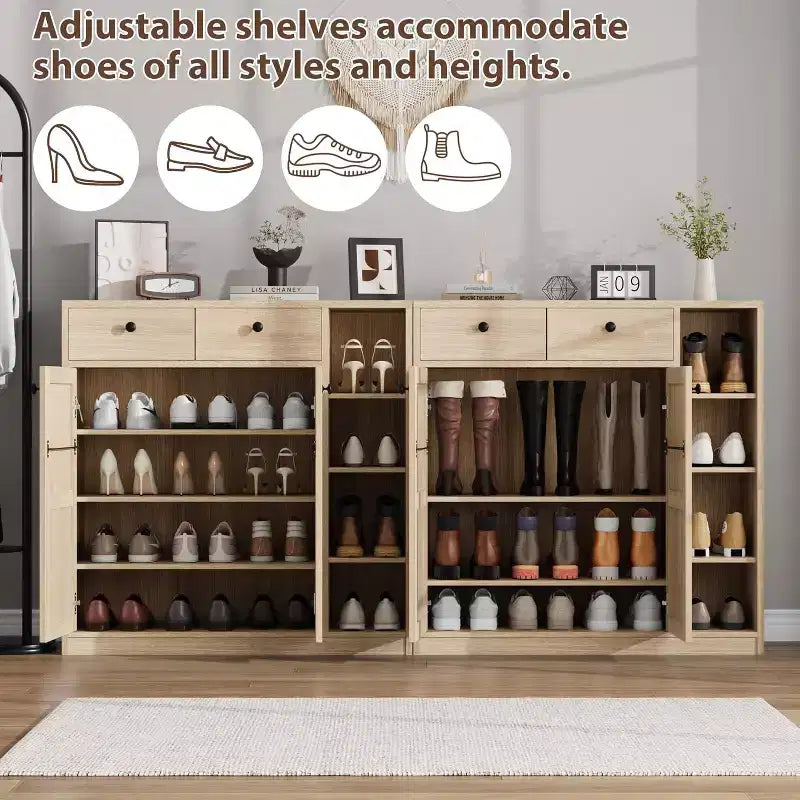 Meuble à chaussures avec portes et tiroirs, meuble de rangement pour chaussures de 106,7 cm de haut avec étagères réglables et dispositif anti-basculement, organisateur de chaussures moderne pour entrée, couloir