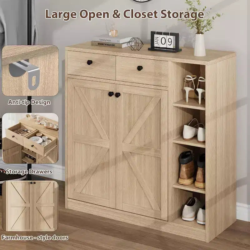 Meuble à chaussures avec portes et tiroirs, meuble de rangement pour chaussures de 106,7 cm de haut avec étagères réglables et dispositif anti-basculement, organisateur de chaussures moderne pour entrée, couloir