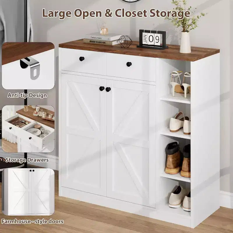 Meuble à chaussures avec portes et tiroirs, meuble de rangement pour chaussures de 106,7 cm de haut avec étagères réglables et dispositif anti-basculement, organisateur de chaussures moderne pour entrée, couloir