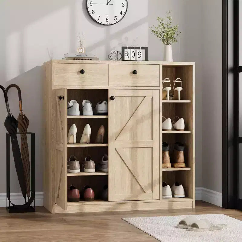 Meuble à chaussures avec portes et tiroirs, meuble de rangement pour chaussures de 106,7 cm de haut avec étagères réglables et dispositif anti-basculement, organisateur de chaussures moderne pour entrée, couloir