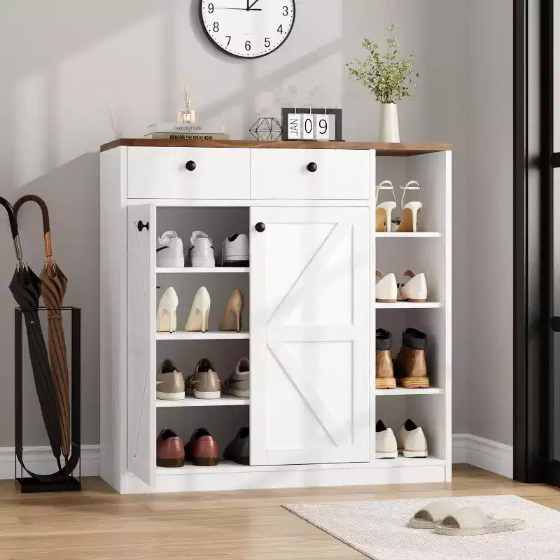 Meuble à chaussures avec portes et tiroirs, meuble de rangement pour chaussures de 106,7 cm de haut avec étagères réglables et dispositif anti-basculement, organisateur de chaussures moderne pour entrée, couloir