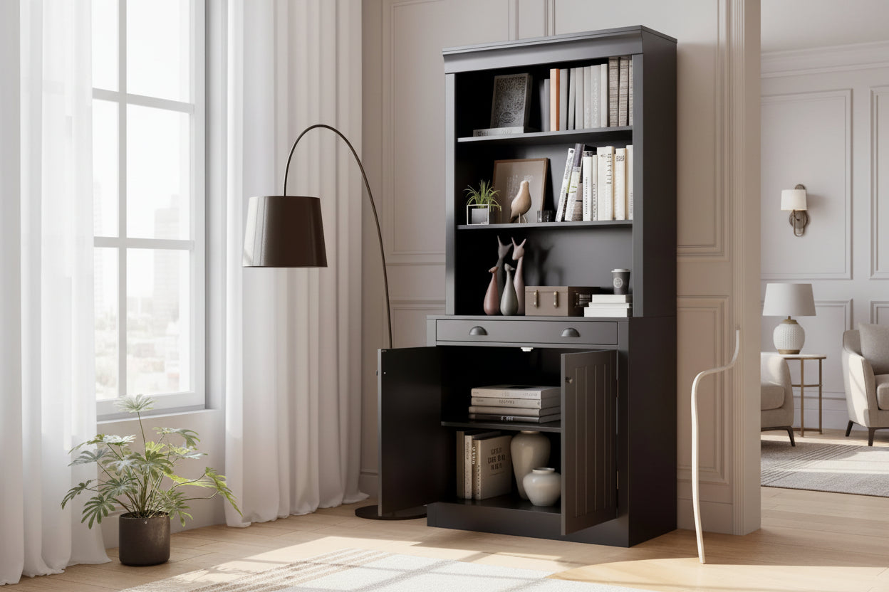 Acekool Modern Bookcase with Louvered Doors, Adjustable Shelves, Drawer & Cabinet, Safety Anti-Tip