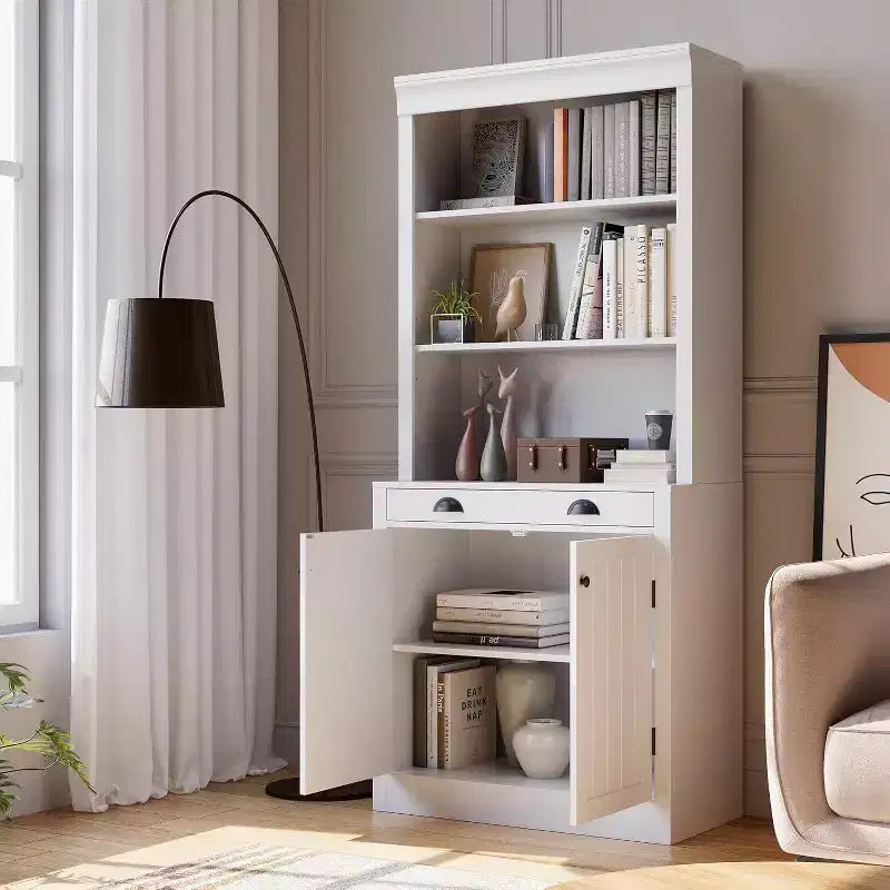 Bibliothèque Moderne avec Portes Persiennes, Étagères Réglables, Tiroir & Meuble de Rangement, Anti-Basculement de Sécurité