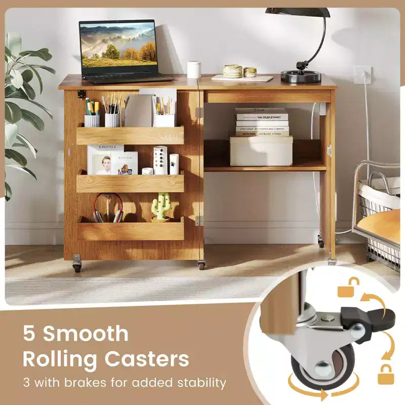 Table de couture pliable avec roulettes et 3 bacs de rangement et station de charge Blanc/Naturel/Marron