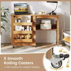 Table de couture pliable avec roulettes et 3 bacs de rangement et station de charge Blanc/Naturel/Marron