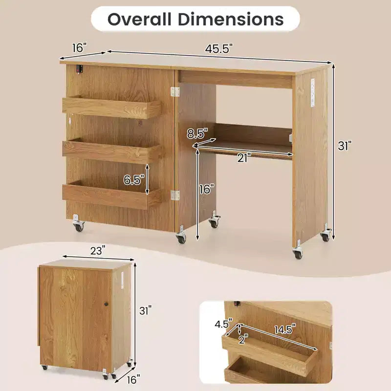 Table de couture pliable avec roulettes et 3 bacs de rangement et station de charge Blanc/Naturel/Marron