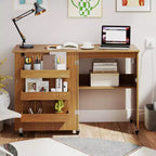 Table de couture pliable avec roulettes et 3 bacs de rangement et station de charge Blanc/Naturel/Marron