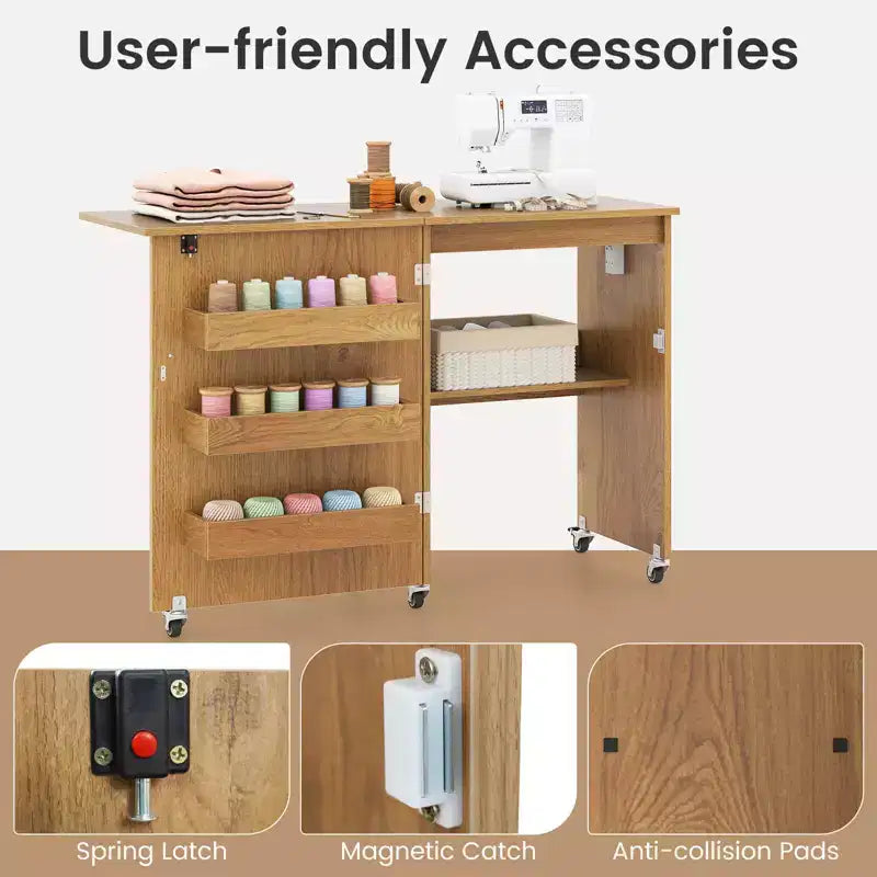 Table de couture pliable avec roulettes et 3 bacs de rangement et station de charge Blanc/Naturel/Marron