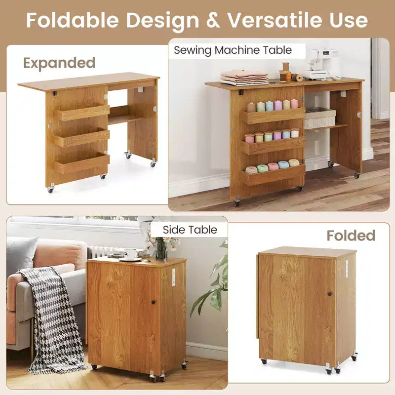 Table de couture pliable avec roulettes et 3 bacs de rangement et station de charge Blanc/Naturel/Marron