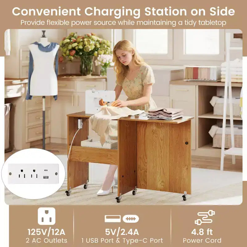 Table de couture pliable avec roulettes et 3 bacs de rangement et station de charge Blanc/Naturel/Marron