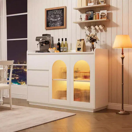 Buffet de 122 cm, Meuble de Rangement Moderne avec 3 Tiroirs, Enfilade Éclairée avec Portes en Verre, Bar à Café pour Cuisine, Salle à Manger