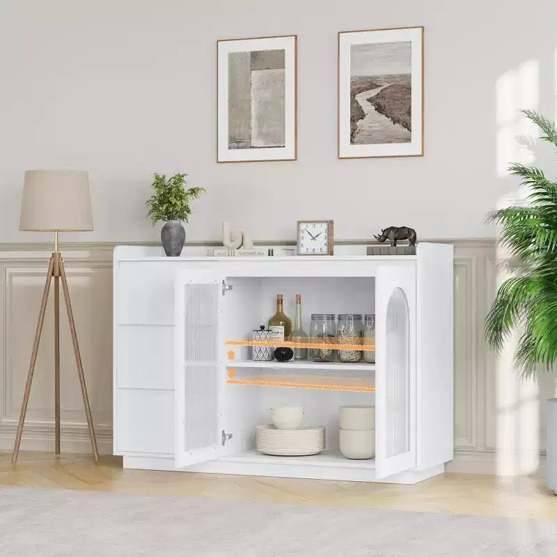 Buffet de 122 cm, Meuble de Rangement Moderne avec 3 Tiroirs, Enfilade Éclairée avec Portes en Verre, Bar à Café pour Cuisine, Salle à Manger
