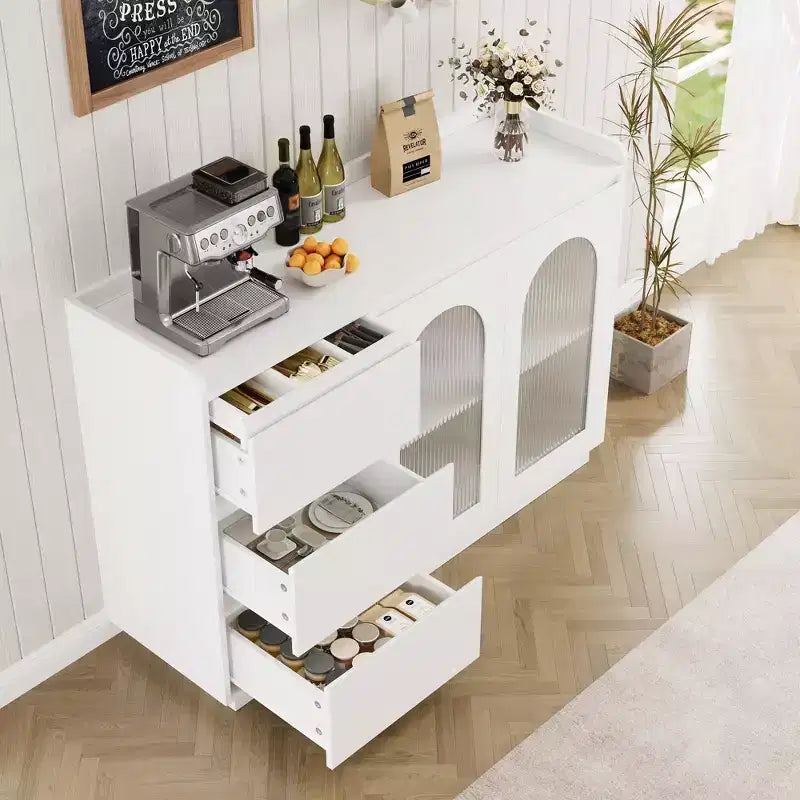 Buffet de 122 cm, Meuble de Rangement Moderne avec 3 Tiroirs, Enfilade Éclairée avec Portes en Verre, Bar à Café pour Cuisine, Salle à Manger
