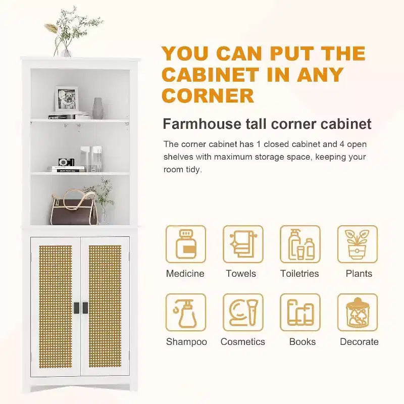 63,8 po Meuble de rangement d'angle haut avec étagères réglables, armoire d'appoint moderne autoportante pour salle de bain, cuisine, salon