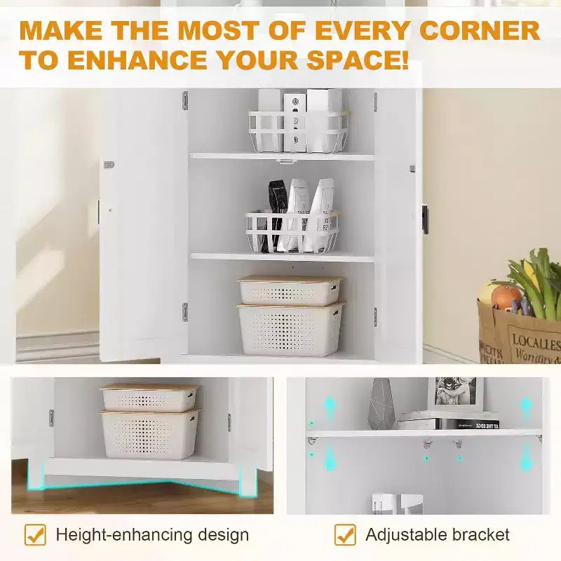 63,8 po Meuble de rangement d'angle haut avec étagères réglables, armoire d'appoint moderne autoportante pour salle de bain, cuisine, salon
