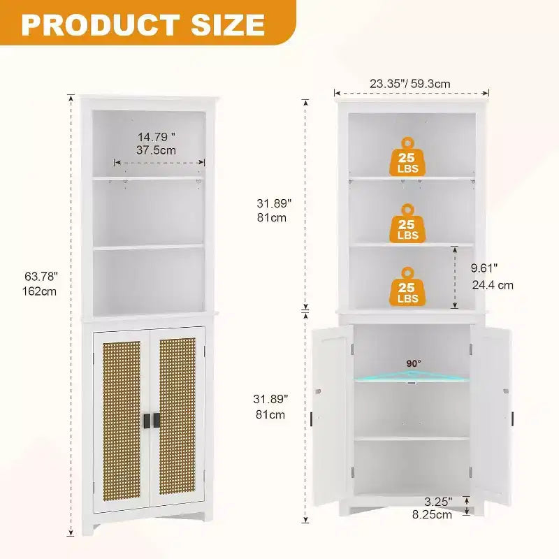 63,8 po Meuble de rangement d'angle haut avec étagères réglables, armoire d'appoint moderne autoportante pour salle de bain, cuisine, salon