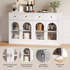 Buffet de 55 pouces de large avec 4 portes en acrylique et 2 tiroirs, meuble de rangement de cuisine de style ferme, table console en bois pour le bureau à domicile