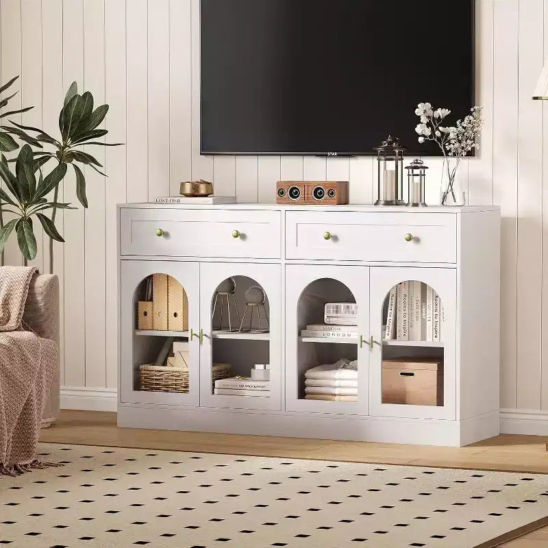 Buffet de 55 pouces de large avec 4 portes en acrylique et 2 tiroirs, meuble de rangement de cuisine de style ferme, table console en bois pour le bureau à domicile