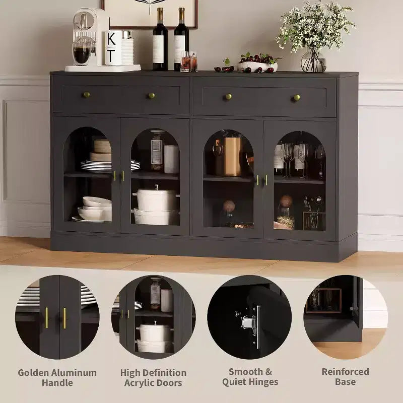 Buffet de 55 pouces de large avec 4 portes en acrylique et 2 tiroirs, meuble de rangement de cuisine de style ferme, table console en bois pour le bureau à domicile