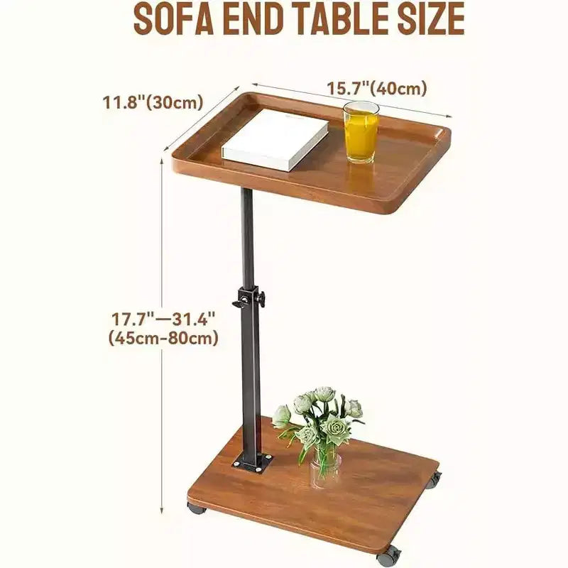 Table d'appoint en C à roulettes - Table de lit/canapé réglable en hauteur et pivotant à 360°