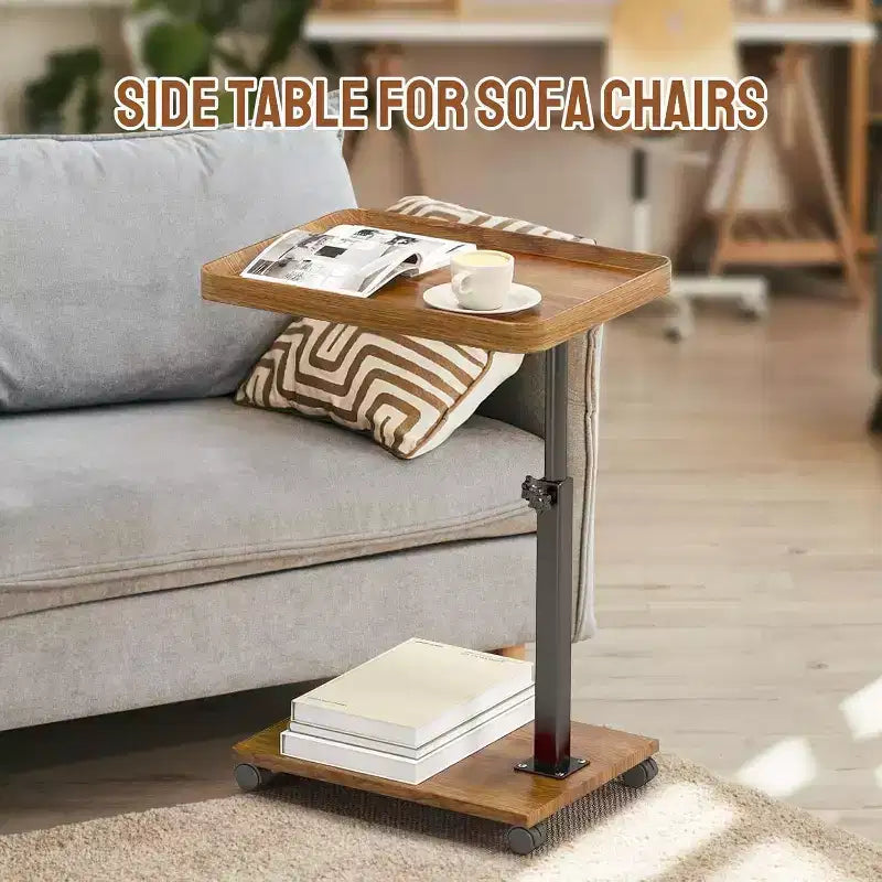 Table d'appoint en C à roulettes - Table de lit/canapé réglable en hauteur et pivotant à 360°