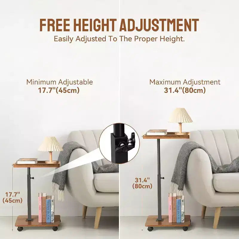 Table d'appoint en C à roulettes - Table de lit/canapé réglable en hauteur et pivotant à 360°