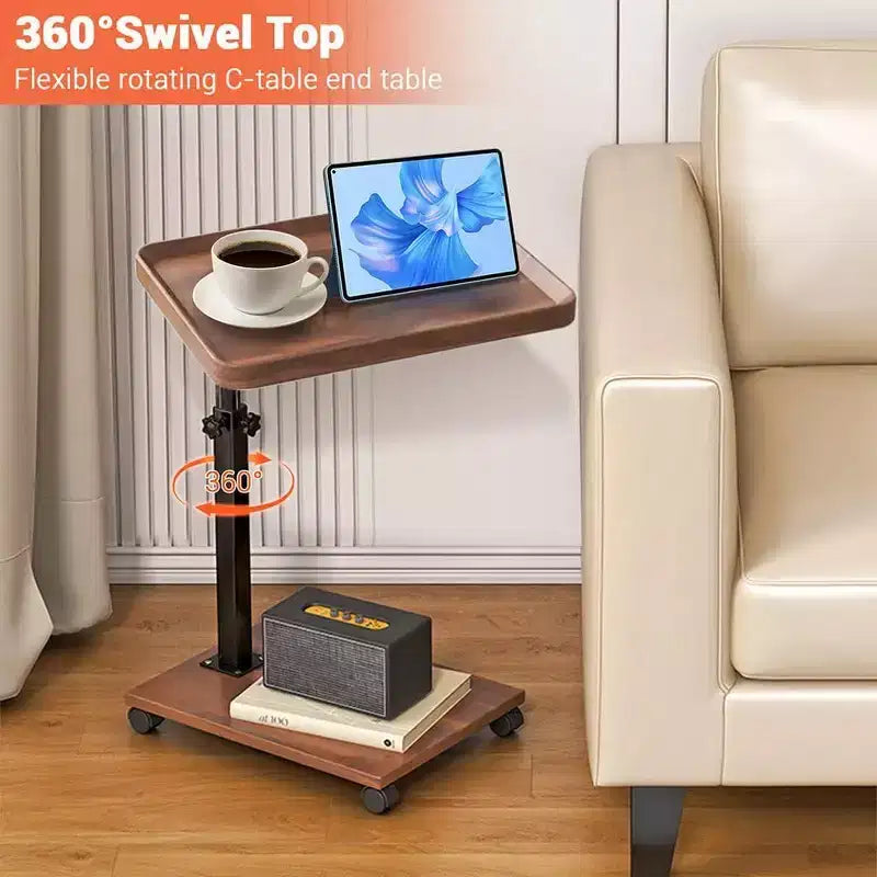 Table d'appoint en C à roulettes - Table de lit/canapé réglable en hauteur et pivotant à 360°