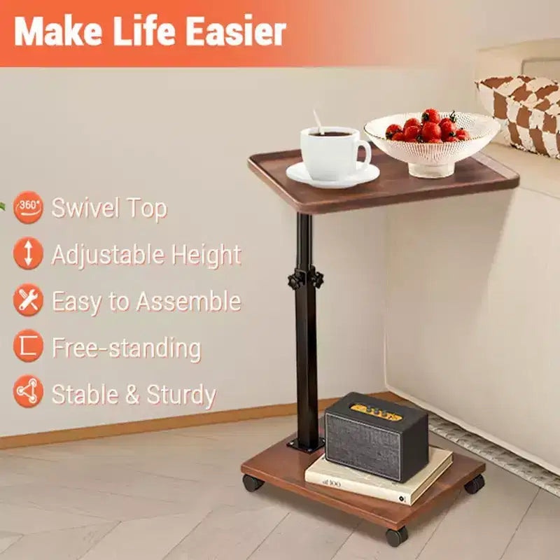 Table d'appoint en C à roulettes - Table de lit/canapé réglable en hauteur et pivotant à 360°