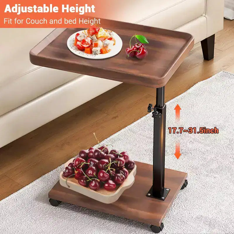 Table d'appoint en C à roulettes - Table de lit/canapé réglable en hauteur et pivotant à 360°