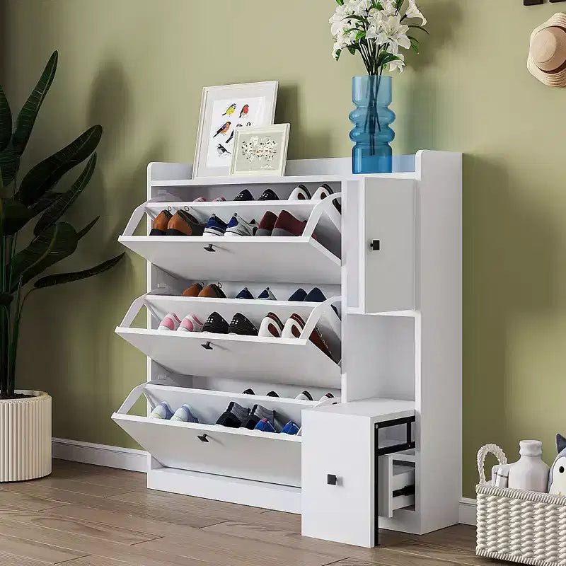 Meuble à chaussures avec 3 abattants, meuble de rangement avec 1 tiroir et siège rabattable pour entrée, salon, blanc
