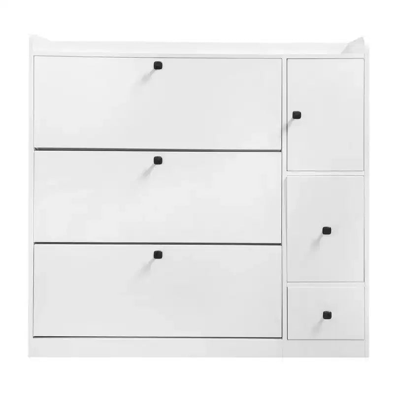Meuble à chaussures avec 3 abattants, meuble de rangement avec 1 tiroir et siège rabattable pour entrée, salon, blanc