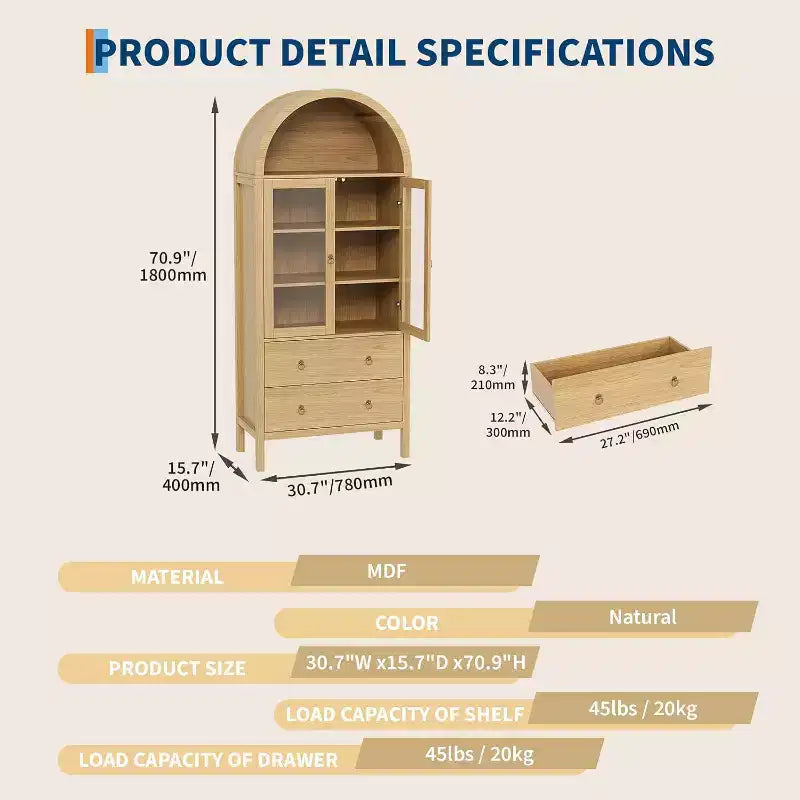 Meuble de rangement de cuisine arqué, Armoire de rangement alimentaire autonome de 180 cm de haut avec 2 grands tiroirs, Armoire polyvalente pour salle à manger, Naturel