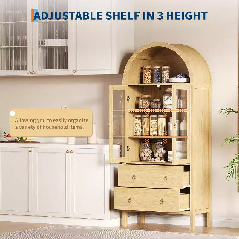 Meuble de rangement de cuisine arqué, Armoire de rangement alimentaire autonome de 180 cm de haut avec 2 grands tiroirs, Armoire polyvalente pour salle à manger, Naturel