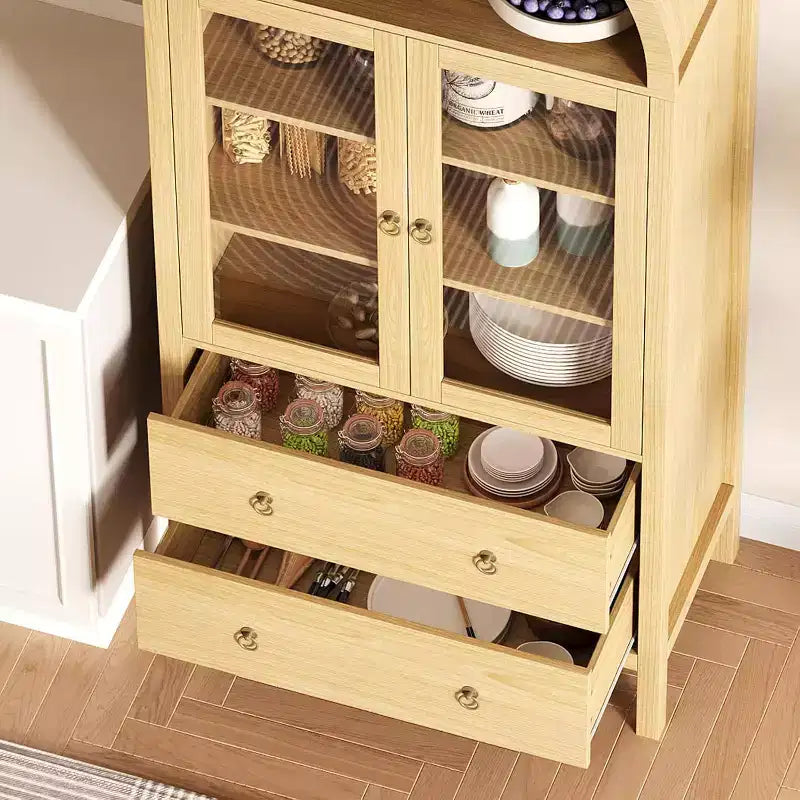 Meuble de rangement de cuisine arqué, Armoire de rangement alimentaire autonome de 180 cm de haut avec 2 grands tiroirs, Armoire polyvalente pour salle à manger, Naturel
