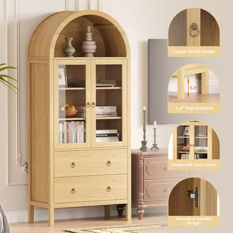 Meuble de rangement de cuisine arqué, Armoire de rangement alimentaire autonome de 180 cm de haut avec 2 grands tiroirs, Armoire polyvalente pour salle à manger, Naturel