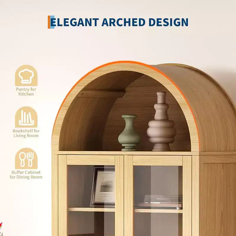 Meuble de rangement de cuisine arqué, Armoire de rangement alimentaire autonome de 180 cm de haut avec 2 grands tiroirs, Armoire polyvalente pour salle à manger, Naturel