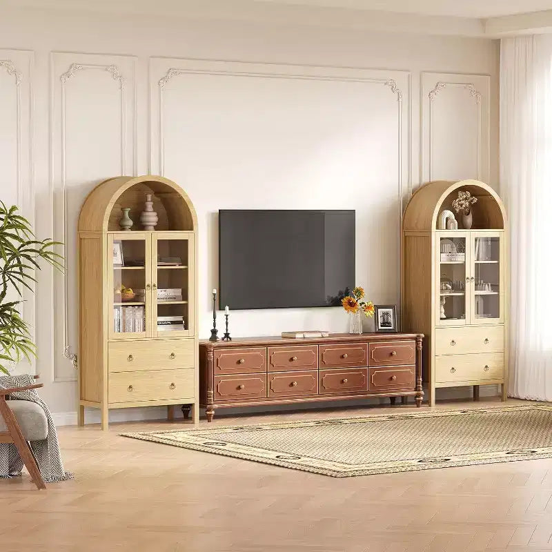 Meuble de rangement de cuisine arqué, Armoire de rangement alimentaire autonome de 180 cm de haut avec 2 grands tiroirs, Armoire polyvalente pour salle à manger, Naturel