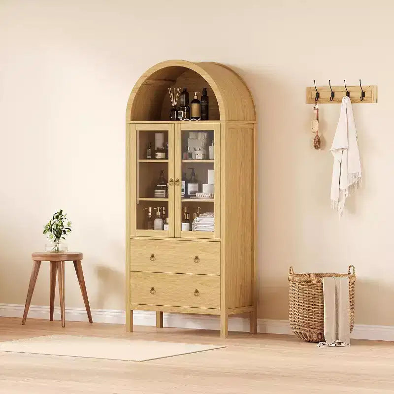 Meuble de rangement de cuisine arqué, Armoire de rangement alimentaire autonome de 180 cm de haut avec 2 grands tiroirs, Armoire polyvalente pour salle à manger, Naturel
