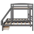 Lit superposé triple pour enfants (un grand lit supérieur, deux lits jumeaux inférieurs) avec tiroirs et barrières de sécurité, gris