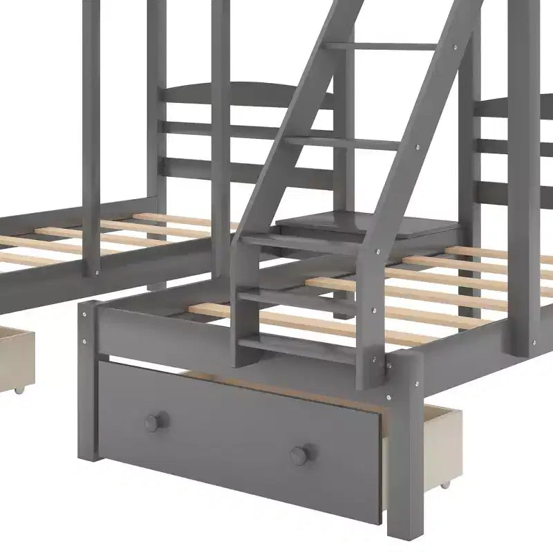 Lit superposé triple pour enfants (un grand lit supérieur, deux lits jumeaux inférieurs) avec tiroirs et barrières de sécurité, gris