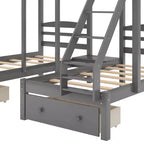 Lit superposé triple pour enfants (un grand lit supérieur, deux lits jumeaux inférieurs) avec tiroirs et barrières de sécurité, gris