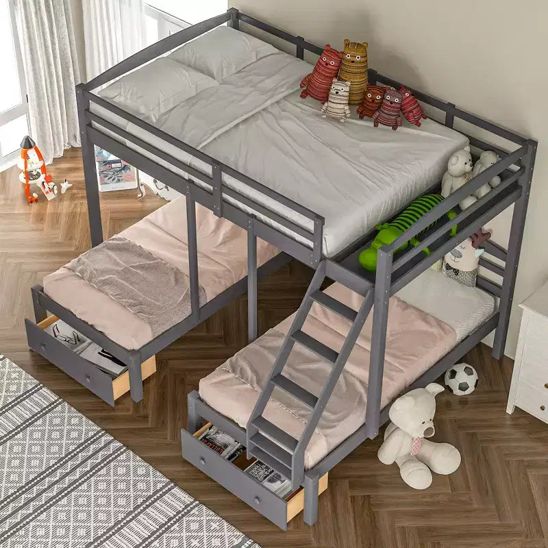 Lit superposé triple pour enfants (un grand lit supérieur, deux lits jumeaux inférieurs) avec tiroirs et barrières de sécurité, gris