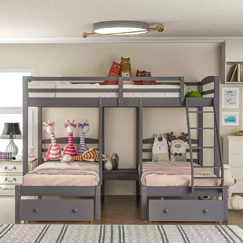 Lit superposé triple pour enfants (un grand lit supérieur, deux lits jumeaux inférieurs) avec tiroirs et barrières de sécurité, gris