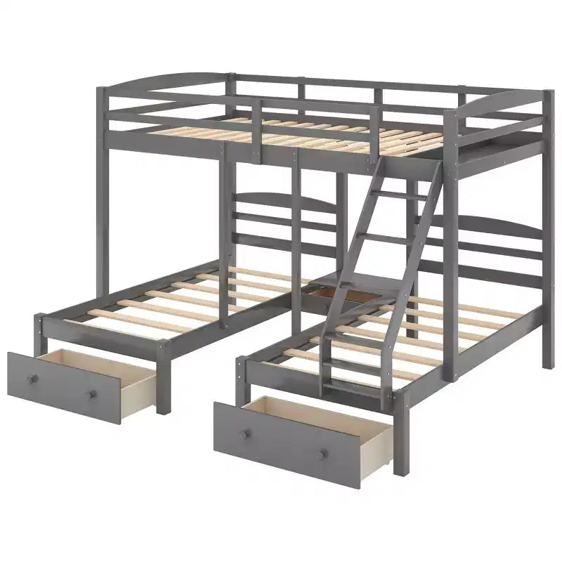 Lit superposé triple pour enfants (un grand lit supérieur, deux lits jumeaux inférieurs) avec tiroirs et barrières de sécurité, gris